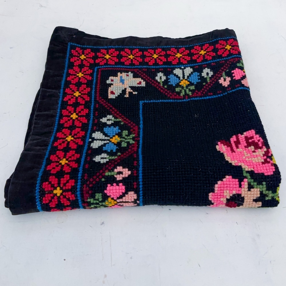 VTG Handmade Needlepoint Textile 26x26 Floral Butterfly Folk Art Decor